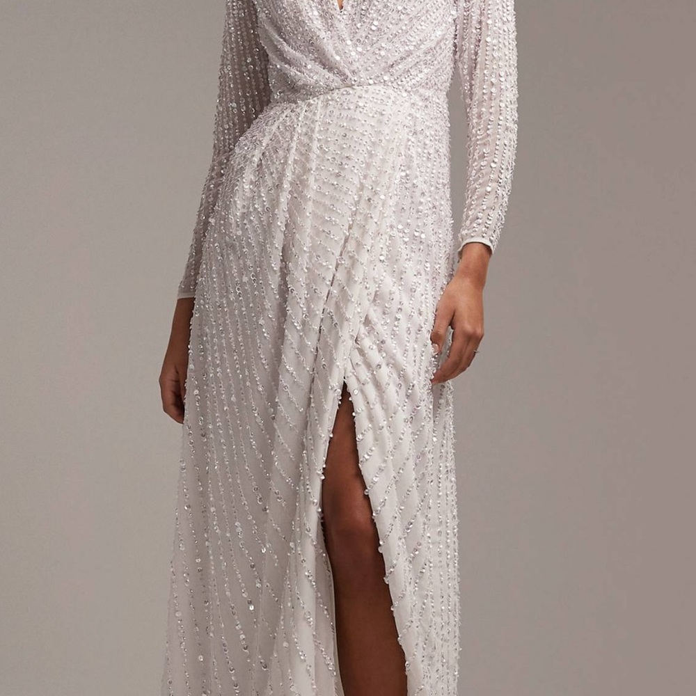 COPY - ASOS Sequin long sleeve wrap white wedding maxi dress